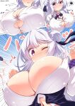  1girl :/ ^^^ azur_lane blush bow bowtie braid braided_bun breasts bursting_breasts button_gap cleavage cygnet_(azur_lane) double_bun emphasis_lines eyebrows_visible_through_hair hair_ribbon highres huge_breasts kamishiro_(rsg10679) long_hair long_sleeves looking_at_viewer motion_lines one_eye_closed open_mouth pink_eyes popped_button ribbon solo sweat twitter_username upper_body wardrobe_malfunction white_hair wing_collar 