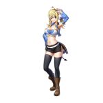  1girl artist_request blonde_hair boots breasts brown_eyes cleavage detached_sleeves eyebrows_visible_through_hair fairy_tail full_body hair_between_eyes hand_on_hip holding holding_key key large_breasts looking_at_viewer lucy_heartfilia midriff miniskirt navel official_art skirt smile solo standing strapless thighhighs transparent_background tubetop twintails valkyrie_connect 
