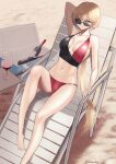  1girl alcohol arm_behind_head artist_name barefoot beach beach_chair bikini bikini_bottom bikini_top blonde_hair bottle breasts cup drinking_glass eyebrows eyebrows_visible_through_hair feet full_body girls&#039;_frontline highres jewelry legs long_hair looking_at_viewer looking_over_eyewear multicolored multicolored_clothes no_shoes ots-14_(girls&#039;_frontline) ponytail reclining ring saturndxy small_breasts solo sunglasses swimsuit tinted_eyewear wedding_ring wine wine_bottle wine_glass yellow_eyes 