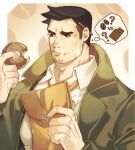  ? artist_name bandages black_hair chocolate coffee_beans doughnut english_commentary envelope facial_hair food green_jacket gyakuten_saiban highres itonokogiri_keisuke jacket laulaubi male_focus manila_envelope muscular necktie pencil sideburns simple_background stubble sweatdrop thought_bubble upper_body 