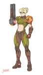  1girl abs absurdres arm_cannon armor artist_name blonde_hair crossover doom_(series) doomguy gun highres holding holding_weapon long_hair metroid muscular muscular_female power_armor praetor_suit samus_aran shardanic shotgun simple_background solo toned weapon white_background 