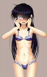  1girl bags_under_eyes black_hair blue_bra blue_panties blush bra brown_eyes collarbone embarrassed fang hair_over_one_eye hands_on_own_face highres izumozaki_neneko lace-trimmed_bra lace_trim long_hair looking_at_viewer midriff navel onimushi_hyogo open_mouth panties ribbon ribs shironagasushima_heno_kikan simple_background skinny solo tearing_up underwear 