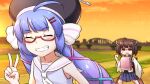  2girls ahoge backpack bag bangs black_headwear blue_dress blue_hair blue_ribbon blue_skirt blurry blurry_background blush bridge brown_hair depth_of_field dress eel_hat eyebrows_visible_through_hair facing_viewer glasses gradient_hair hair_ornament hair_ribbon hairclip hand_up headgear highres japanese_clothes kimono long_hair low_twintails multicolored_hair multiple_girls neon-tetora otomachi_una outdoors pink_ribbon pleated_skirt purple_hair randoseru red-framed_eyewear red_eyes ribbon river sailor_collar sailor_dress semi-rimless_eyewear skirt sleeveless sleeveless_dress sunset talkex touhoku_kiritan twintails under-rim_eyewear v v-shaped_eyebrows very_long_hair voiceroid white_kimono white_sailor_collar 