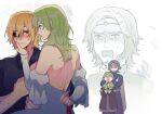  2boys 2girls bangs bare_back bare_shoulders black_dress blonde_hair blue_coat blue_eyes blush byleth_(fire_emblem) byleth_(fire_emblem)_(female) coat commentary_request covering_another&#039;s_eyes dimitri_alexandre_blaiddyd dress eyebrows_visible_through_hair eyepatch facial_hair father_and_daughter fire_emblem fire_emblem:_three_houses flayn_(fire_emblem) goatee green_eyes green_hair hair_between_eyes juliet_sleeves kkomcce long_hair long_sleeves multiple_boys multiple_girls off-shoulder_dress off_shoulder open_mouth puffy_sleeves seteth_(fire_emblem) short_hair simple_background white_background white_dress 