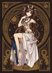  1girl bare_shoulders breasts brown_eyes brown_hair commentary_request earrings elbow_gloves eyebrows_visible_through_hair fate/grand_order fate_(series) gloves highres hoop_earrings ishtar_(fate) ishtar_(fate)_(all) jewelry long_hair looking_at_viewer medium_breasts navel single_thighhigh sitting solo thighhighs zerocastle 