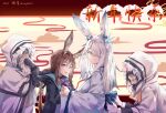  2020 2girls 2others amiya_(arknights) animal_ears arknights artist_name ascot bangs black_jacket blue_eyes blue_neckwear blue_sash blush brown_hair bunny_ears chinese_commentary frostnova_(arknights) fur-trimmed_hood fur_trim gloves grey_eyes hair_over_one_eye highres hood hood_down hood_up jacket japanese_clothes kimono long_hair making-of_available moyu_marginal multiple_girls multiple_others obi open_clothes open_jacket open_mouth painttool_sai_(medium) ponytail sash smile upper_body white_gloves white_hair white_jacket white_kimono 