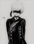  1boy akitama2727 bangs black_blindfold black_jacket blindfold choker closed_mouth grey_background grey_hair hair_over_one_eye jacket long_sleeves looking_at_viewer monochrome nier_(series) nier_automata short_hair simple_background smile solo yorha_no._9_type_s 