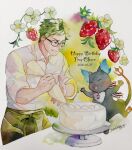  1boy apron birthday birthday_cake blush brown_eyes cake cat floral_background food glasses green_apron green_hair grim_(twisted_wonderland) happy happy_birthday highres nanoja open_mouth shirt short_hair smile strawberry_background trey_clover twisted_wonderland waist_apron white_shirt 