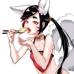  1girl animal_ear_fluff animal_ears black_hair breasts chinese_clothes chopsticks dudou dumpling eating facial_mark food fox_ears fox_girl fox_tail hands_up hu-er_(robot_cat) long_hair navel open_mouth original ponytail red_eyes robot_cat shadow small_breasts solo tail tongue tongue_out upper_body whisker_markings 