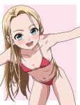  1girl bikini blonde_hair blue_eyes border commentary_request cowboy_shot flat_chest highres leaning_forward long_hair looking_at_viewer outstretched_arms pink_background red_bikini smile solo standing swimsuit tamaya two-tone_background upper_body white_border 
