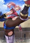  1girl absurdres arena ass black_legwear blue_sky breasts cloud day diadem dragon_quest dragon_quest_dai_no_daibouken fingerless_gloves gloves highres kicking large_breasts maam open_mouth pantyhose pink_eyes pink_hair red_gloves short_hair side_ponytail sky solo standing standing_on_one_leg teeth torn_clothes torn_legwear yoshio_(55level) 