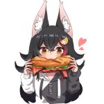  animal_ears bangs black_hoodie chibi crossed_bangs eating fangs flipped_hair food hair_between_eyes hair_ornament hairclip highres hololive hood hoodie long_hair micon multicolored_hair ookami_mio red_hair sandwich streaked_hair two-tone_hoodie upper_body virtual_youtuber white_hoodie wolf_ears wolf_girl yellow_eyes 