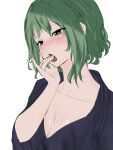  1girl alternate_costume blue_robe blush breasts cleavage collarbone commentary eyebrows_visible_through_hair green_eyes green_hair half-closed_eyes licking licking_finger medium_breasts open_mouth saliva simple_background soga_no_tojiko solo sweat tlandolt69 tongue touhou upper_body white_background 