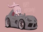  :d animal_ears bunny_ears car eyebrows_visible_through_hair ground_vehicle happy happy_birthday highres honkai_(series) honkai_impact_3rd jtooner long_hair mercedes-benz mercedes-benz_slr_stirling_moss motor_vehicle open_mouth pink_background pink_hair purple_eyes simple_background smile solo vehicle_focus yae_sakura 