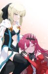  2girls bare_shoulders black_bow black_legwear blonde_hair blue_eyes bow bowtie braid breasts cleavage closed_eyes collarbone commentary_request detached_sleeves fairy_knight_tristan_(fate) fate/grand_order fate_(series) french_braid hair_bow hand_on_another&#039;s_head highres ichi_kq lap_pillow long_sleeves looking_at_another looking_down medium_breasts morgan_le_fay_(fate) multiple_girls navel pointy_ears ponytail red_hair red_nails smile thighhighs twitter_username 