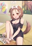  1girl animal_ears bangs barefoot bedroom blush breasts brown_hair cleavage collarbone dog_ears dog_girl dog_tail eyebrows_visible_through_hair forehead hairband highres hololive indoors inugami_korone long_hair looking_at_viewer open_mouth short_shorts shorts smile soles solo tail toes uneg virtual_youtuber 