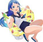  1girl black_sailor_collar blue_eyes blue_footwear blue_hair food_print gradient_hair holding holding_innertube innertube kantai_collection karamomo long_hair multicolored_hair one-piece_swimsuit open_mouth sailor_collar samidare_(kancolle) sandals simple_background sleeveless solo swimsuit swimsuit_under_clothes very_long_hair water_gun watermelon_print white_background 