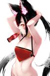  1girl animal_ears armpits arms_up black_hair bottle breasts chinese_clothes cleavage coca-cola drink dudou eyeshadow facial_mark fox_ears highres hu-er_(robot_cat) long_hair looking_at_viewer makeup mouth_hold navel original profile red_eyeshadow robot_cat shadow simple_background small_breasts solo twintails very_long_hair whisker_markings white_background yellow_eyes 