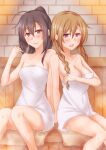  2girls ahoge akizuki_(kancolle) anti_(untea9) black_hair blue_eyes blush braid breasts cleavage collarbone eyebrows_visible_through_hair grey_eyes hair_between_eyes highres kantai_collection large_breasts light_brown_hair long_hair looking_at_another multiple_girls naked_towel open_mouth ponytail sauna sitting sweat teruzuki_(kancolle) towel twin_braids white_towel 