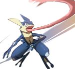  blurry bright_pupils commentary_request gen_6_pokemon greninja morio_(poke_orio) motion_blur open_mouth pink_eyes pokemon pokemon_(creature) solo toes tongue tongue_out white_background white_pupils 