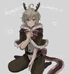  1boy akitama2727 animal_costume antenna_hair antler_ornament antlers bangs belt black_legwear christmas closed_mouth green_eyes green_hair grey_background hair_between_eyes hand_on_own_chest heart highres hood hoodie looking_at_viewer pinocchio_(sinoalice) reindeer_antlers reindeer_costume ribbon seiza simple_background sinoalice sitting solo 