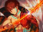  1boy abs embers emiya_shirou fate/grand_order fate_(series) glowing glowing_weapon grin highres holding holding_sword holding_weapon igote limited/zero_over looking_at_viewer male_focus orange_eyes red_hair sengo_muramasa_(fate) single_bare_shoulder smile sol_(tvtjk7ubec) solo sword tassel tattoo toned toned_male upper_body weapon wristband 