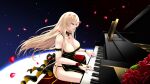  1girl alt3r alternate_costume azur_lane bare_shoulders bismarck_(azur_lane) blonde_hair breasts cleavage closed_eyes commentary english_commentary eyebrows_visible_through_hair highres instrument large_breasts long_hair petals piano rose_petals 