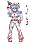  1girl blue_hair breasts brown_gloves chaps character_request cleavage gloves gun hat long_hair looking_at_viewer one_eye_closed panties pink_eyes simple_background smile solo spiked_hair thighhighs tukiwani underwear weapon white_background 