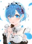  1girl amy_(mmvg5452) blue_hair breasts candy chocolate chocolate_heart cleavage food heart highres maid maid_headdress re:zero_kara_hajimeru_isekai_seikatsu rem_(re:zero) roswaal_mansion_maid_uniform 