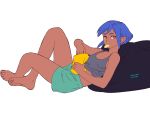  1girl 2021 aqua_shorts artist_name bag_of_chips bare_arms bare_legs bare_shoulders barefoot bean_bag_chair blue_hair chips dark-skinned_female dark_skin dated flat_color food full_body grey_shirt highres mouth_hold orange_eyes original pointy_ears potato_chips shirt short_hair shorts simple_background solo tank_top white_background yuccoshi 