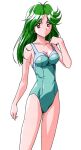  1990s_(style) 1girl adjusting_clothes adjusting_swimsuit asou_kasumi breasts casual_one-piece_swimsuit cleavage cowboy_shot expressionless eyebrows_visible_through_hair feet_out_of_frame green_hair kokura_masashi long_hair official_art one-piece_swimsuit photoshop_(medium) retro_artstyle simple_background solo swimsuit tokimeki_memorial tokimeki_memorial_2 white_background 