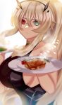  1girl akio_(akio1124) bangs bare_shoulders black_dress blonde_hair breasts dress fairy_knight_gawain_(fate) fate/grand_order fate_(series) food green_eyes heterochromia highres horns large_breasts long_hair looking_at_viewer plate ponytail red_eyes sideboob steak 