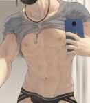  1boy abs black_mask bulge cellphone clothes_lift collarbone commentary contemporary crescent crescent_necklace cu_chulainn_(fate)_(all) cu_chulainn_(fate/stay_night) earrings erection erection_under_clothes fate/stay_night fate_(series) holding holding_phone indoors jewelry jockstrap male_focus male_underwear mask mondi_hl mouth_mask muscular muscular_male navel nipples out_of_frame pendant phone selfie shirt shirt_lift short_sleeves solo t-shirt underwear upper_body white_shirt 
