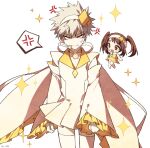  1boy 1girl :d alternate_costume amulet_dia amulet_dia_(cosplay) anger_vein bakugou_katsuki bangs blonde_hair blush boku_no_hero_academia brown_hair clenched_teeth coi_mha commentary cosplay detached_sleeves dress frills hairband highres long_hair long_sleeves looking_at_viewer male_focus no_pupils no_shoes open_mouth shirt short_hair shugo_chara! skirt smile sparkle sparkle_background spiked_hair spoken_anger_vein teeth thighhighs twintails uraraka_ochako v-shaped_eyebrows white_background white_hairband yellow_shirt yellow_skirt zettai_ryouiki 