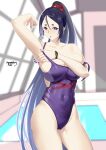  1girl arm_up armpits bangs bare_shoulders blush breasts cleavage collarbone covered_navel fate/grand_order fate_(series) highleg highleg_swimsuit highres kurosawa_rui_(hjkl42332) large_breasts long_hair looking_at_viewer minamoto_no_raikou_(fate) one-piece_swimsuit open_mouth parted_bangs ponytail pool purple_eyes purple_hair purple_swimsuit rei_no_pool solo swimsuit thighs very_long_hair 