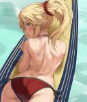  1girl ass back bangs bare_shoulders bikini blonde_hair braid breasts fate/grand_order fate_(series) french_braid green_eyes hair_ornament hair_scrunchie highres long_hair looking_at_viewer looking_back mordred_(fate)_(all) mordred_(swimsuit_rider)_(fate) parted_bangs ponytail red_bikini scrunchie sidelocks small_breasts surfboard swimsuit tonee water 