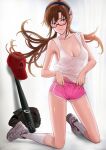  1girl baseball_bat baseball_cap baseball_mitt blue_eyes blush breasts brown_hair cleavage commentary esojima_gary evangelion:_3.0+1.0_thrice_upon_a_time eyelashes glasses happy hat highres large_breasts long_hair looking_at_viewer makinami_mari_illustrious neon_genesis_evangelion nipples pants rebuild_of_evangelion see-through shirt shoes simple_background smile socks solo twintails white_background white_legwear white_shirt 