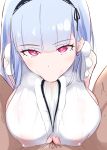  1boy azur_lane breast_squeeze breasts clothed_sex clothing_cutout dido_(azur_lane) donutman fellatio hetero highres huge_breasts large_breasts maid oral paizuri paizuri_over_clothes paizuri_under_clothes penis pov purple_eyes underboob underboob_cutout white_hair 