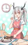  1girl animal_print antlers apron aqua_background arknights bangs black_hairband blush breasts brown_skirt bunny chinese_commentary clock commentary_request cowboy_shot eyebrows_visible_through_hair flying_sweatdrops food frying_pan hairband highres holding holding_frying_pan hypergryph_(arknights) jacket long_hair pancake pink_apron polka_dot polka_dot_background ponytail shirt short_sleeves silver_hair skirt small_breasts solo stuffed_animal stuffed_bunny stuffed_toy white_shirt xjx yellow_eyes 