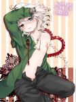  1boy arm_up black_pants blue_eyes blush bracelet collarbone commentary_request danganronpa_(series) danganronpa_2:_goodbye_despair gem grey_eyes grey_hair heart hoshihuri jewelry komaeda_nagito lace looking_at_viewer male_focus navel necklace nipples no_shirt off_shoulder open_clothes open_fly open_pants pale_skin panties pants parted_lips pink_panties ring ring_necklace smile solo striped striped_background translation_request unbuttoned underwear unzipped 