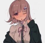  1girl :o bangs black_jacket black_shirt blush brown_eyes brown_hair collared_shirt commentary_request danganronpa_(series) danganronpa_2:_goodbye_despair dress_shirt eyebrows_visible_through_hair flipped_hair grey_background hair_ornament hairclip hand_up jacket laver_(1090792977) long_sleeves looking_at_viewer medium_hair nanami_chiaki neck_ribbon off_shoulder one_eye_closed open_mouth pink_ribbon ribbon saliva shirt simple_background sleeves_past_wrists solo upper_body white_shirt 