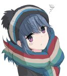  1girl bangs black_jacket blue_hair closed_mouth commentary_request core_(mayomayo) eyebrows_visible_through_hair eyes_visible_through_hair from_above highres jacket light_blush long_hair looking_at_viewer multicolored multicolored_clothes multicolored_scarf pom_pom_(clothes) pout purple_eyes scarf shadow shima_rin simple_background solo upper_body white_background woollen_cap yurucamp 