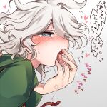  2boys bangs blue_eyes blush commentary_request danganronpa_(series) danganronpa_2:_goodbye_despair eyebrows_visible_through_hair finger_in_another&#039;s_mouth green_jacket grey_hair heart hoshihuri jacket komaeda_nagito large_hands male_focus messy_hair multiple_boys open_mouth silver_hair simple_background solo_focus sweat tearing_up tears tongue translation_request upper_body yaoi 