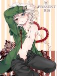  1boy arm_up black_pants blue_eyes blush bracelet collarbone commentary_request danganronpa_(series) danganronpa_2:_goodbye_despair english_text gem grey_eyes grey_hair heart hoshihuri jewelry komaeda_nagito lace looking_at_viewer male_focus navel necklace nipples no_shirt off_shoulder open_clothes open_fly open_pants pale_skin panties pants parted_lips pink_panties ring ring_necklace smile solo striped striped_background unbuttoned underwear unzipped 