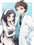  1boy 1girl bangs black_hair black_pants blue_background blue_shirt blush breast_pocket breasts brown_eyes brown_hair coat collared_shirt commentary_request danganronpa_(series) danganronpa_2:_goodbye_despair doctor dress flying_sweatdrops grey_background hand_up hat hinata_hajime holding hoshihuri large_breasts long_hair necktie nurse nurse_cap object_hug open_clothes open_coat open_mouth pants pocket purple_eyes shirt tears tsumiki_mikan white_coat white_dress 