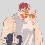  1boy bara bare_shoulders beard blue_eyes boku_no_hero_academia facial_hair fiery_hair grey_tank_top highres hiploock large_pectorals male_focus mature_male muscular muscular_male pectorals pout red_hair scar scar_across_eye short_hair sideburns sidepec solo spiked_hair stubble sweat tank_top todoroki_enji upper_body weightlifting 