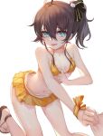  1girl ahoge bangs bikini blue_eyes brown_hair dark_talker eyebrows_visible_through_hair flat_chest hair_between_eyes highres hololive looking_at_viewer nail natsuiro_matsuri navel ribbon skirt slippers solo swimsuit tongue tongue_out white_background 