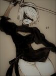  1girl akitama2727 bangs beige_background black_blindfold black_gloves blindfold breasts cleavage elbow_gloves gloves headband highres holding holding_sword holding_weapon katana leotard long_sleeves mole mole_under_mouth nier_(series) nier_automata short_hair simple_background sword weapon white_hair yorha_no._2_type_b 