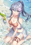  1girl bare_arms bare_shoulders barefoot beach bikini blue_eyes blue_hair blush breasts cleavage commentary_request day eyebrows_visible_through_hair flower gotland_(kancolle) hair_between_eyes hair_flower hair_ornament highres jewelry kantai_collection long_hair looking_at_viewer medium_breasts mole mole_under_eye monoku open_mouth outdoors partially_submerged ponytail sarong sitting smile solo sparkle swimsuit thigh_strap wariza water water_gun 