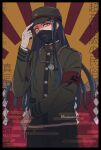  108_(toowa) 1boy adjusting_clothes adjusting_headwear armband bandaged_hands bandages bangs black_border black_hair border brown_eyes chain chain_necklace cowboy_shot danganronpa_(series) danganronpa_v3:_killing_harmony green_headwear green_jacket green_pants hand_on_headwear hand_up highres jacket long_hair mask mouth_mask pants red_armband red_background rope shinguuji_korekiyo solo tagme translation_request twitter_username yellow_background 